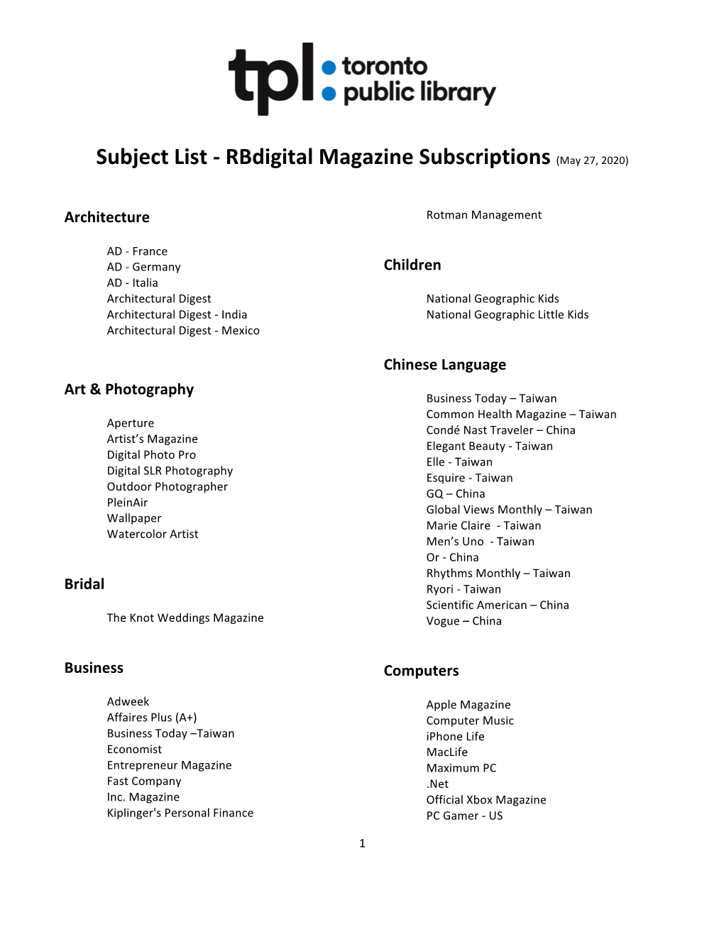 Rbdigital Magazine Subscriptions (May 27, 2020)