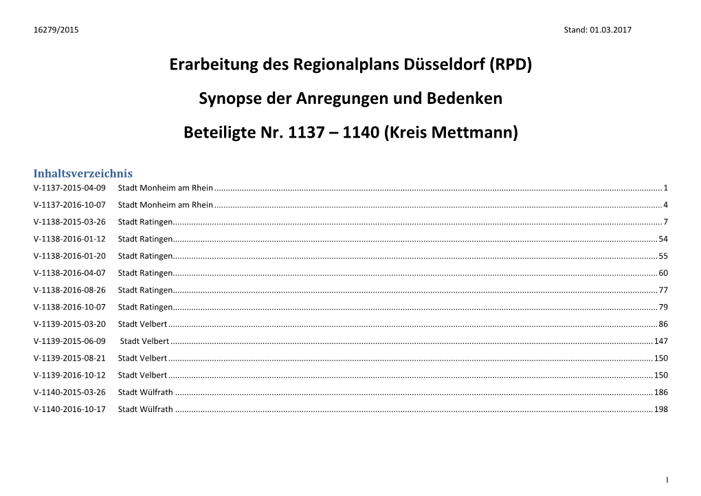 Erarbeitung Des Regionalplans Düsseldorf (RPD) Synopse Der Anregungen Und Bedenken Beteiligte Nr