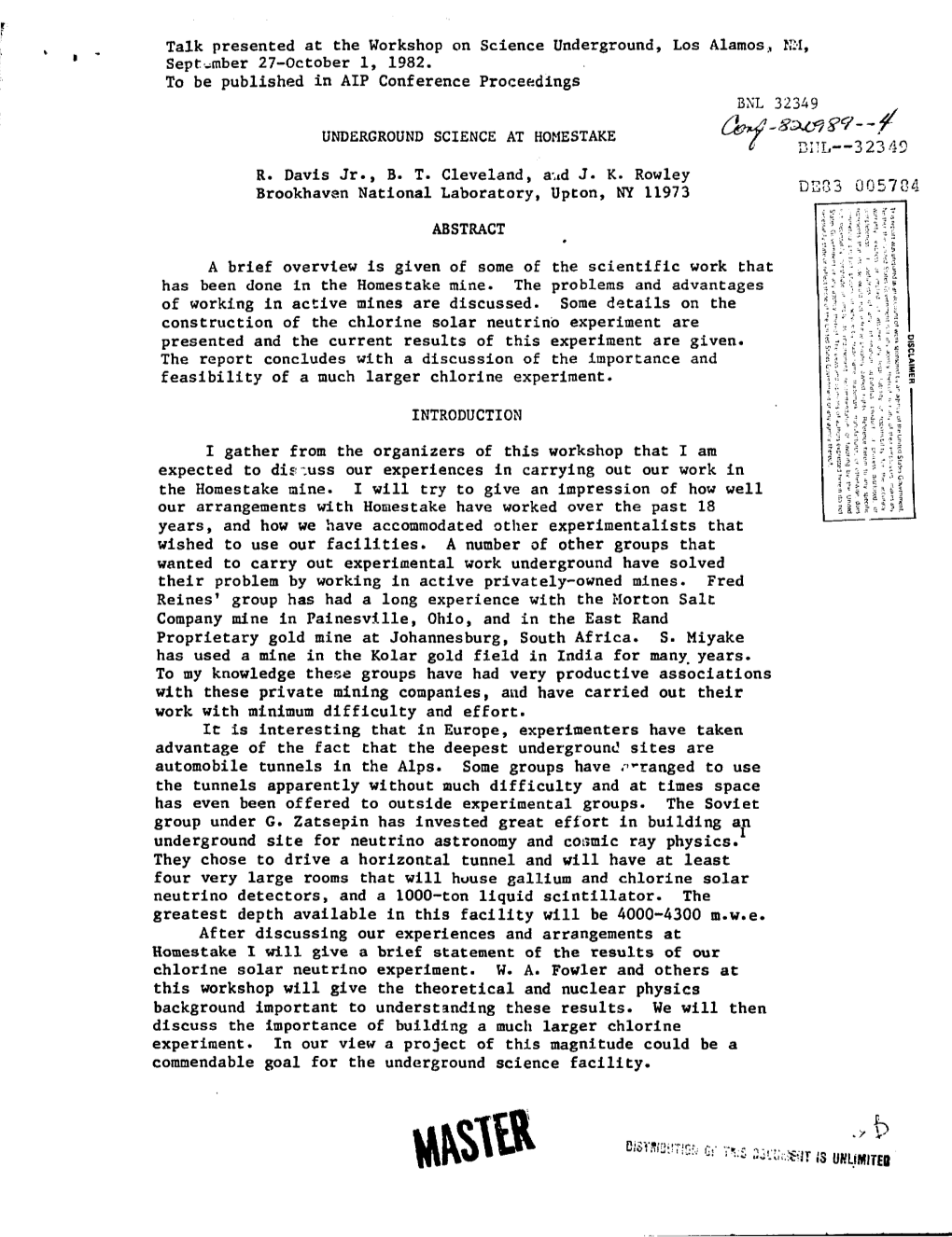 Is UHUMITEO EXPERIMENTS in the HOMESTAKE MINE