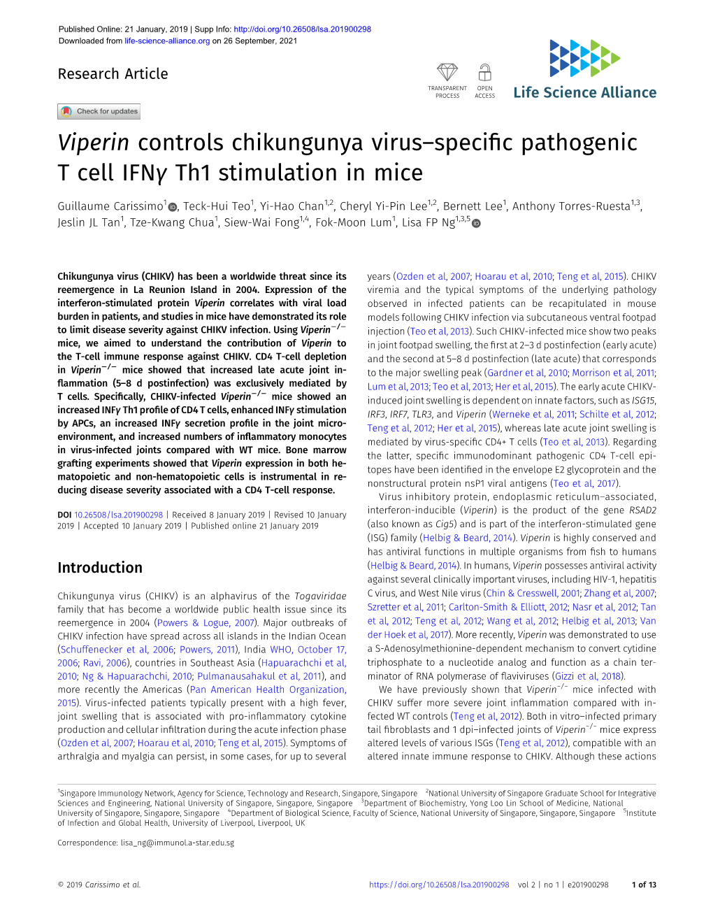 Viperin Controls Chikungunya Virus–Specific Pathogenic T Cell Ifnγ