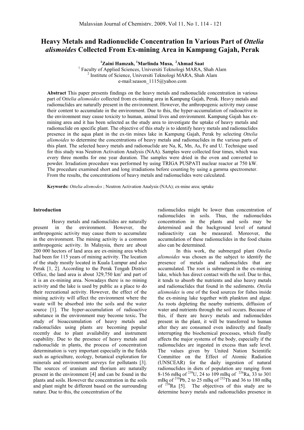 Heavy Metals and Radionuclides Uptake by Ottelia Alismoides