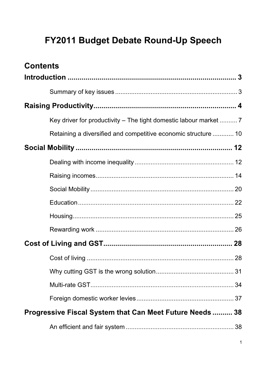 FY2011 Budget Debate Round-Up Speech