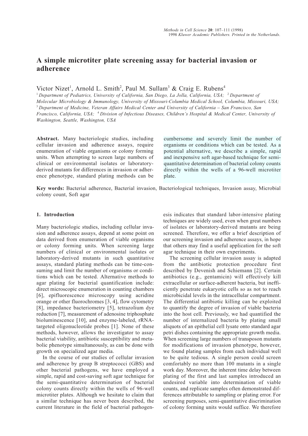 A Simple Microtiter Plate Screening Assay for Bacterial Invasion Or Adherence