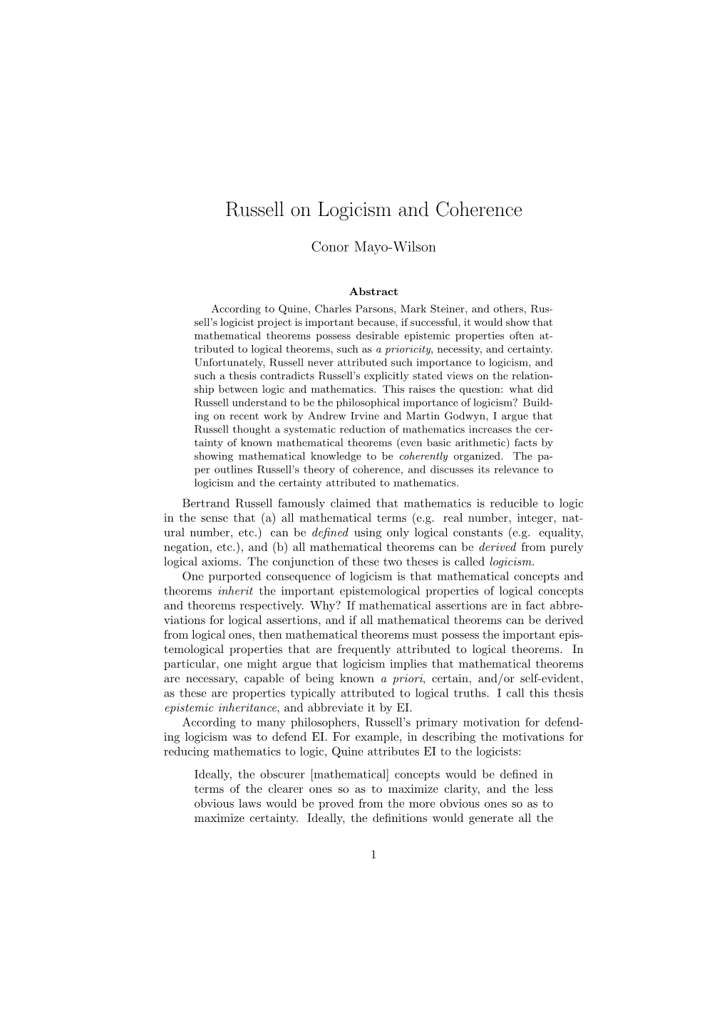 Russell on Logicism and Coherence