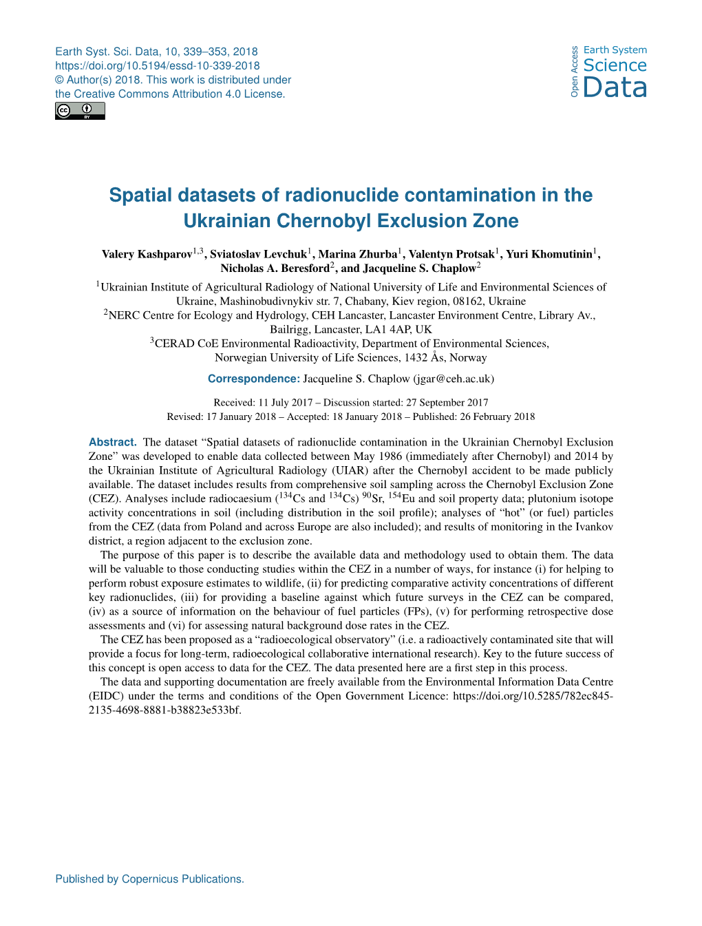 Spatial Datasets of Radionuclide Contamination in the Ukrainian Chernobyl Exclusion Zone