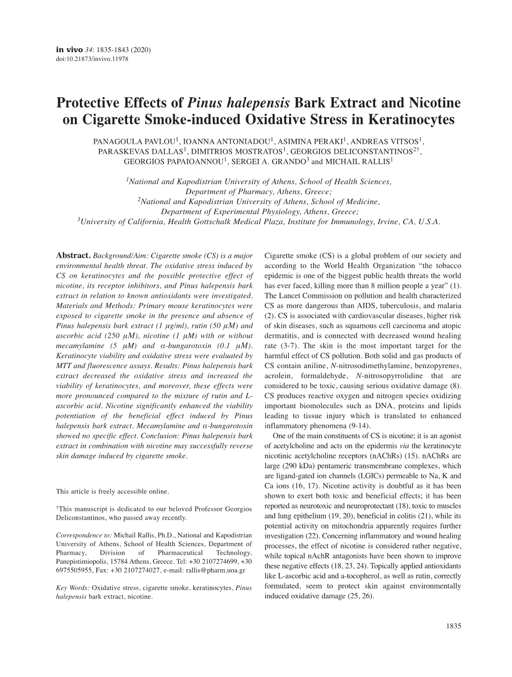 Protective Effects of Pinus Halepensis Bark Extract and Nicotine