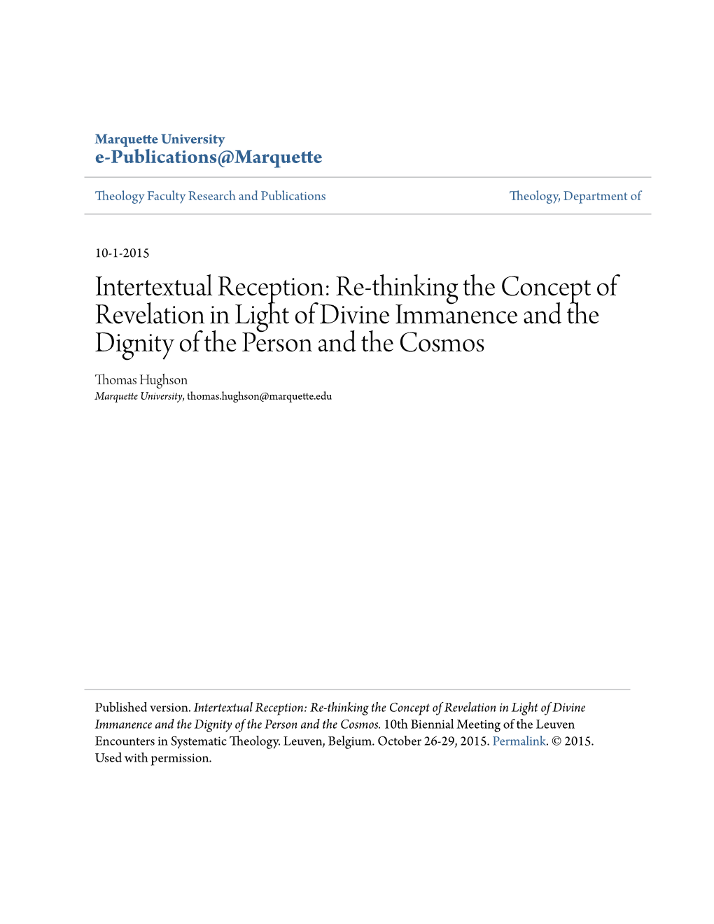 Intertextual Reception: Re-Thinking the Concept of Revelation in Light of Divine Immanence and the Dignity of the Person And