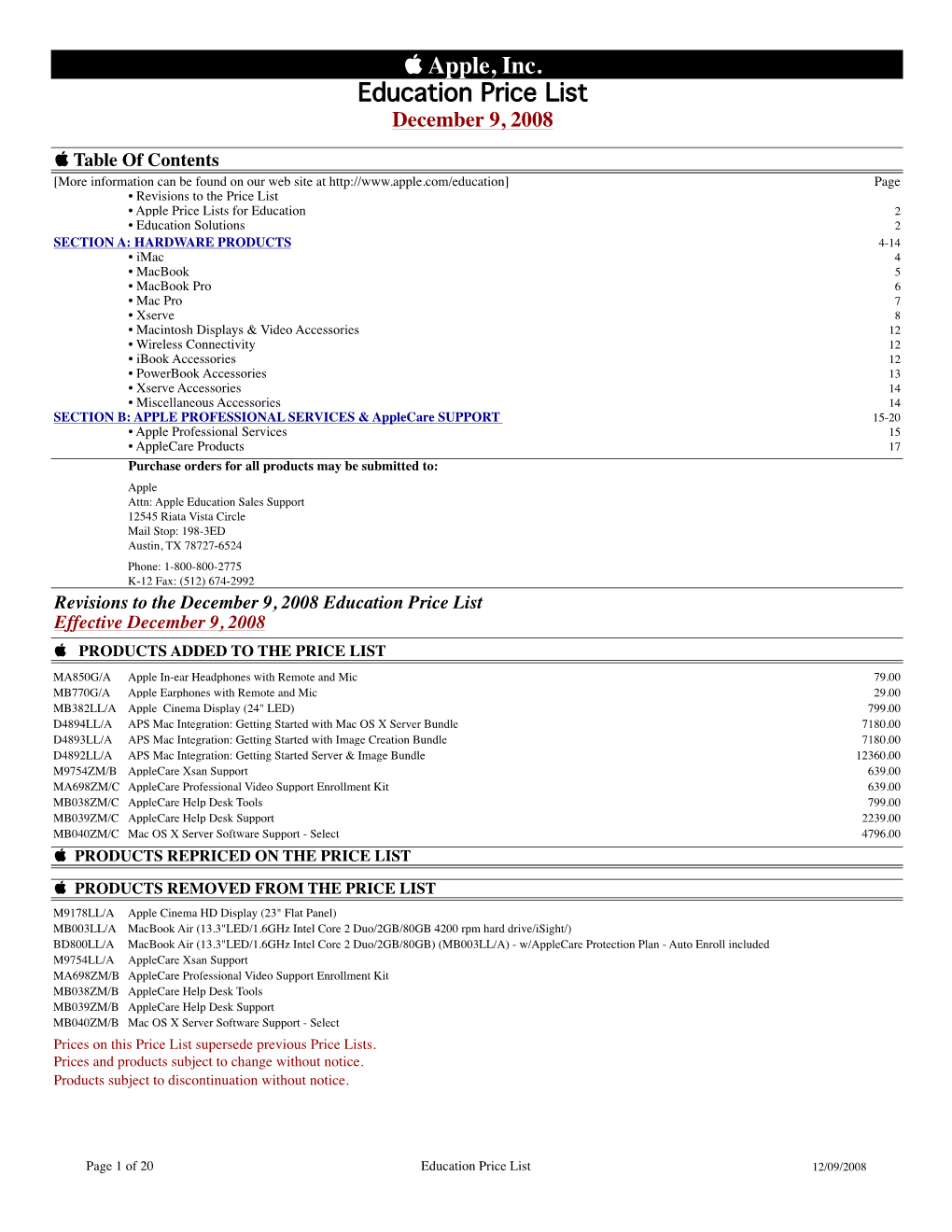 Apple, Inc. Education Price List December 9, 2008