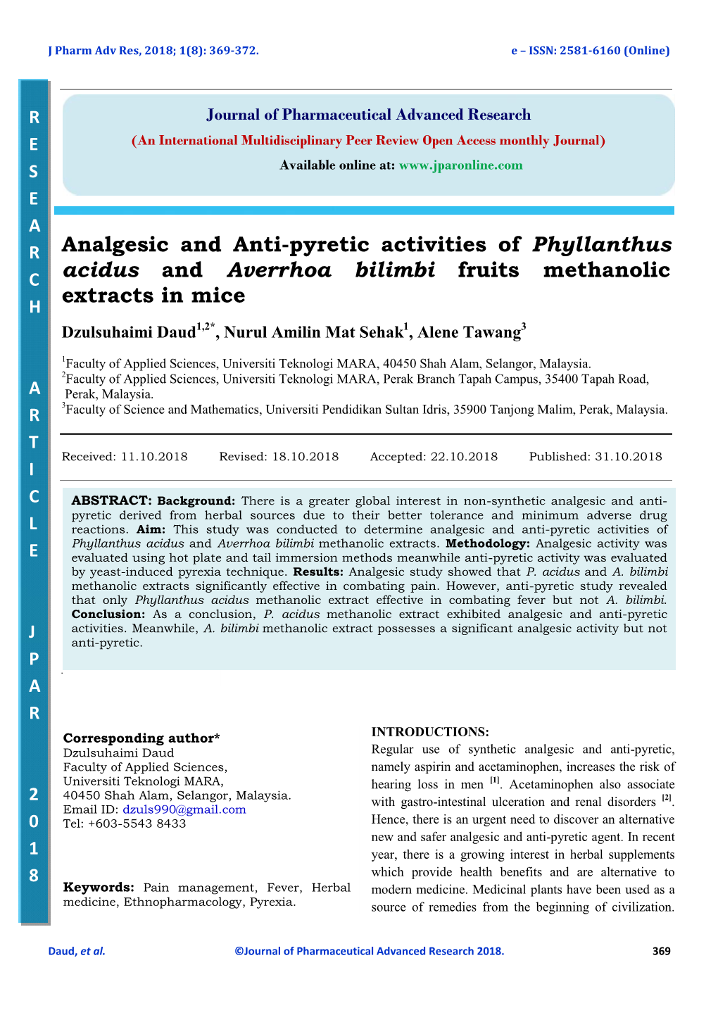 Analgesic and Anti-Pyretic Activities of Phyllanthus Acidus and Averrhoa Bilimbi Methanolic Extracts