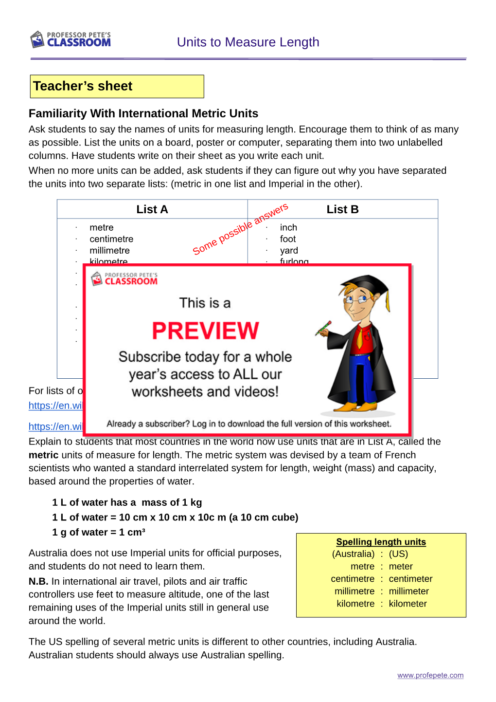 Teacher's Sheet Units to Measure Length