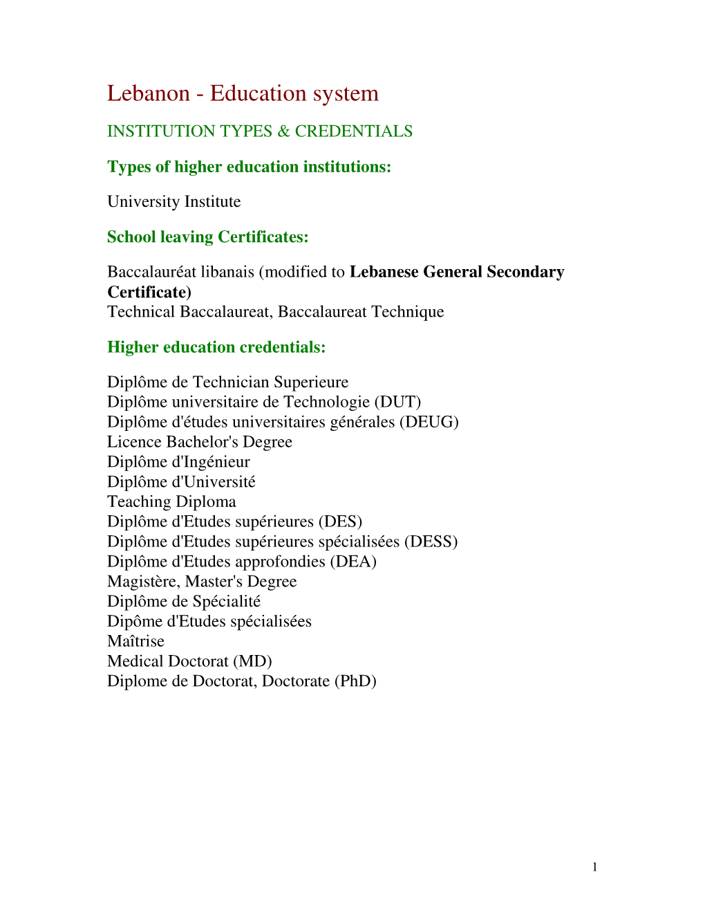 Lebanon - Education System INSTITUTION TYPES & CREDENTIALS