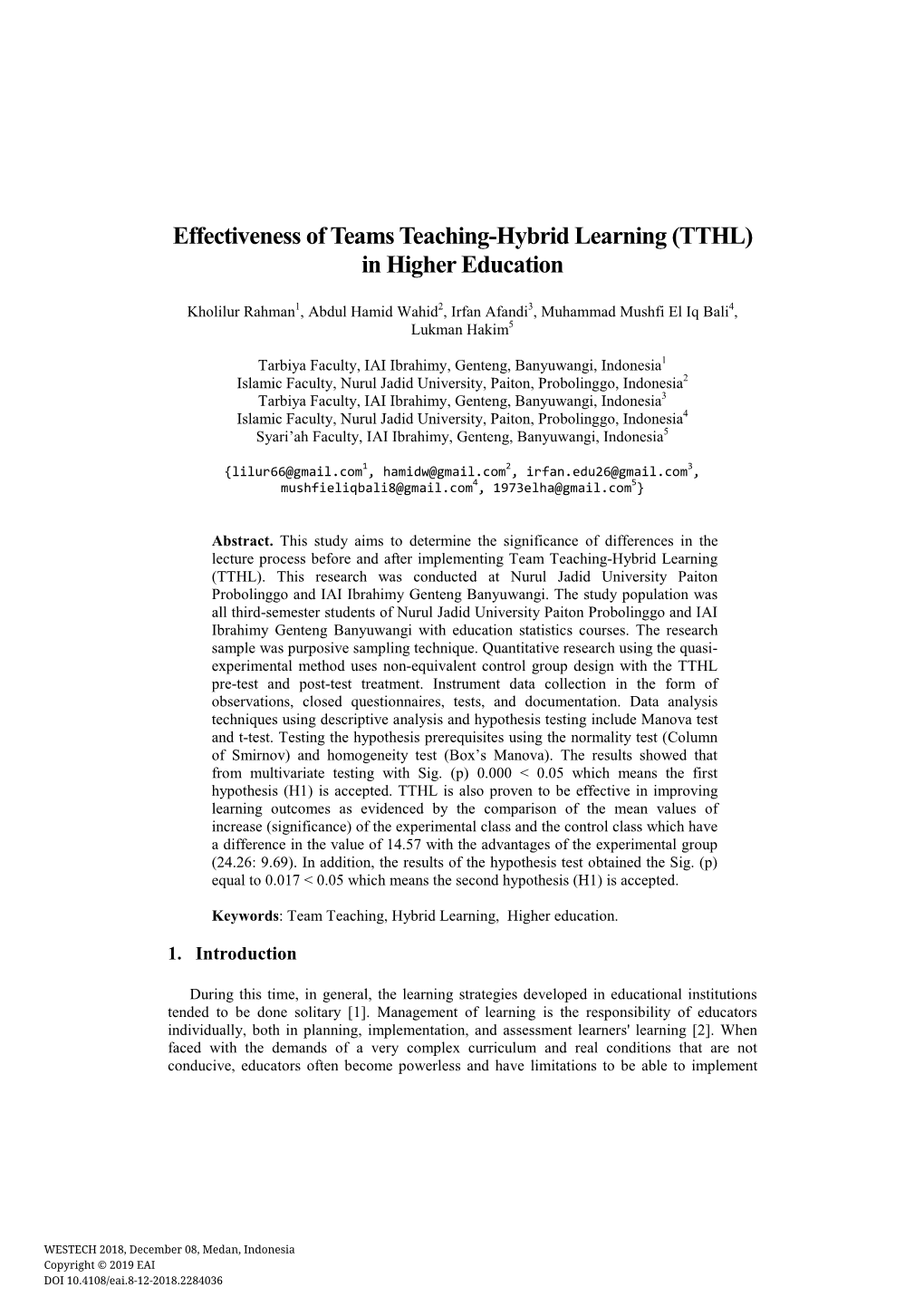 Effectiveness of Teams Teaching-Hybrid Learning (TTHL) in Higher Education