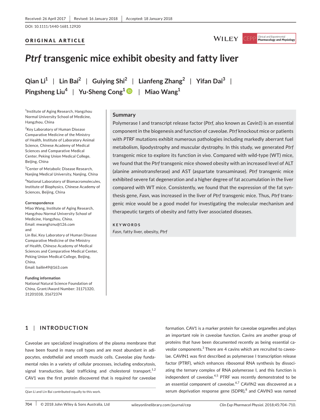 Ptrf Transgenic Mice Exhibit Obesity and Fatty Liver
