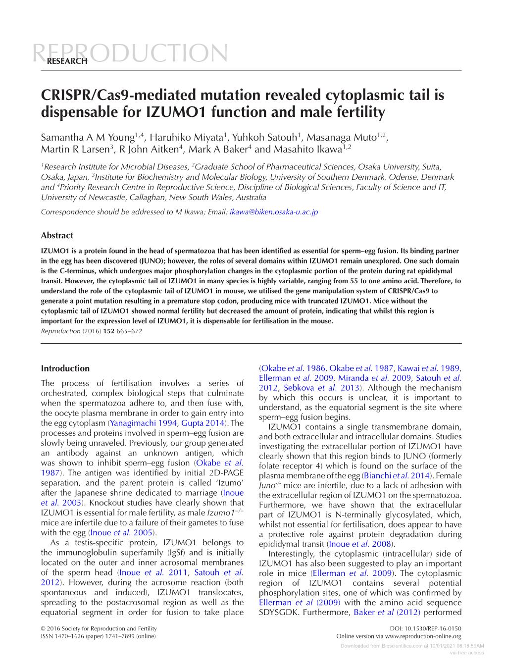 CRISPR/Cas9-Mediated Mutation Revealed Cytoplasmic Tail Is Dispensable for IZUMO1 Function and Male Fertility