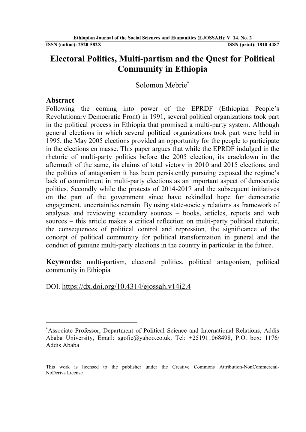 Electoral Politics, Multi-Partism and the Quest for Political Community in Ethiopia