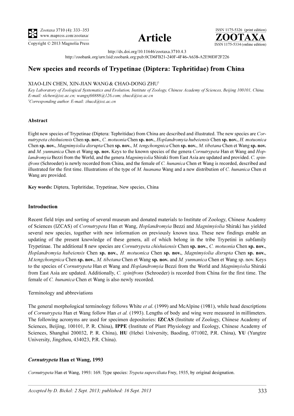 New Species and Records of Trypetinae (Diptera: Tephritidae) from China