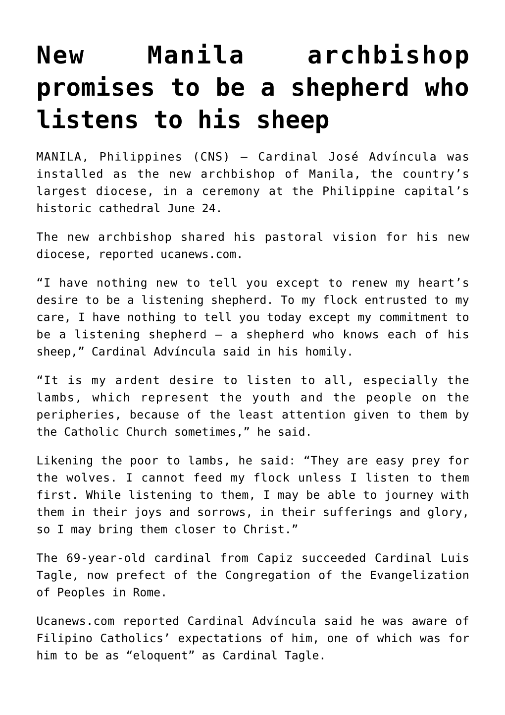 New Manila Archbishop Promises to Be a Shepherd Who Listens to His Sheep