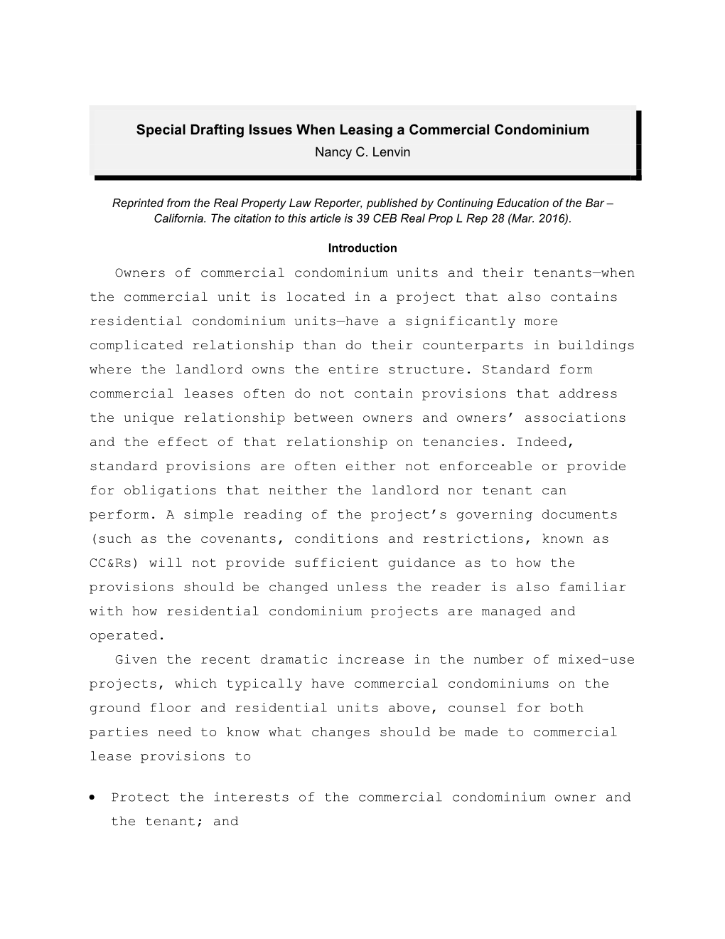 Special Drafting Issues When Leasing a Commercial Condominium Nancy C
