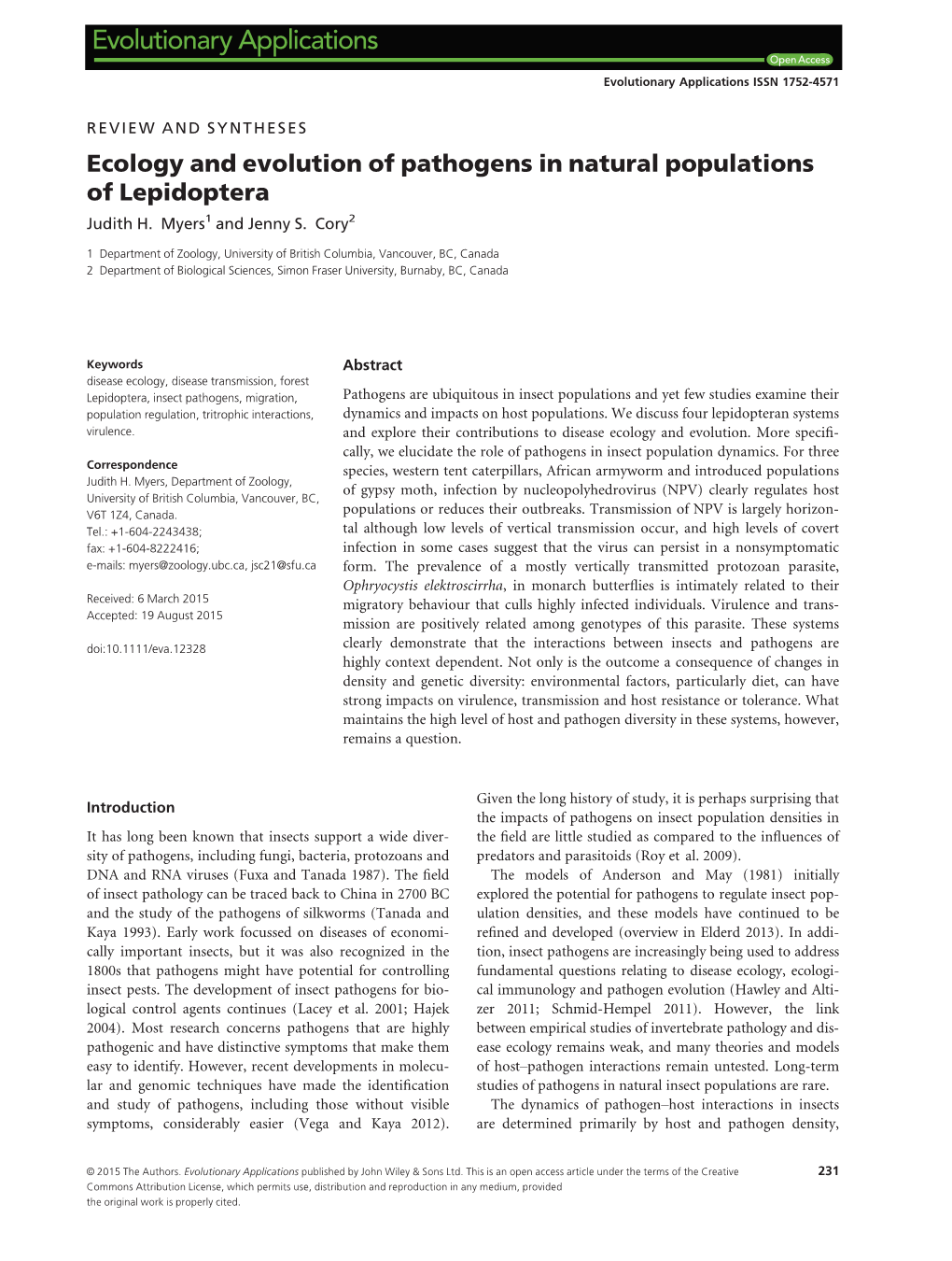 Ecology and Evolution of Pathogens in Natural Populations of Lepidoptera Judith H