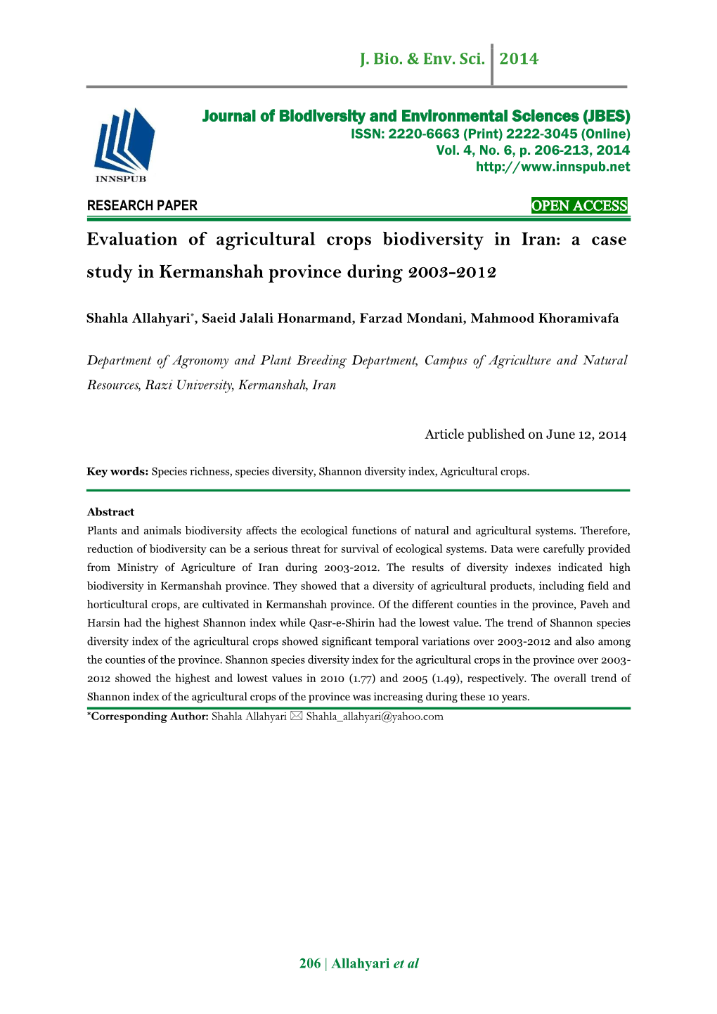 Evaluation of Agricultural Crops Biodiversity in Iran: a Case Study in Kermanshah Province During 2003-2012