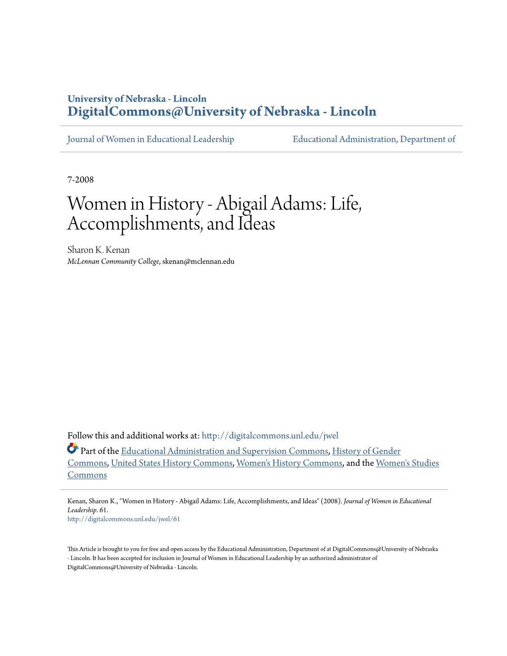 Abigail Adams: Life, Accomplishments, and Ideas Sharon K