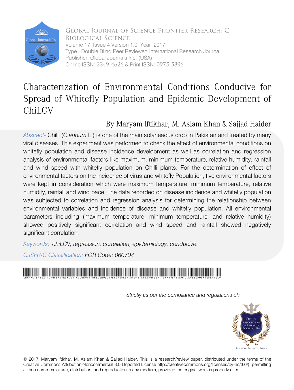 Characterization of Environmental Conditions Conducive for Spread of Whitefly Population and Epidemic Development of Chilcv by Maryam � Ftikhar, M