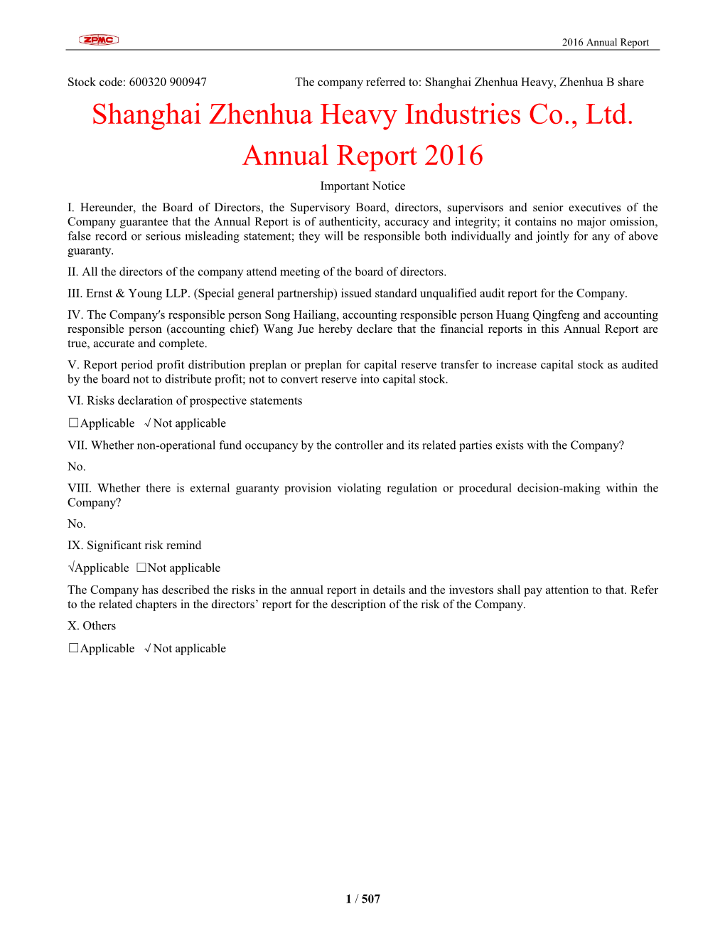 Shanghai Zhenhua Heavy Industries Co., Ltd. Annual Report 2016 Important Notice I