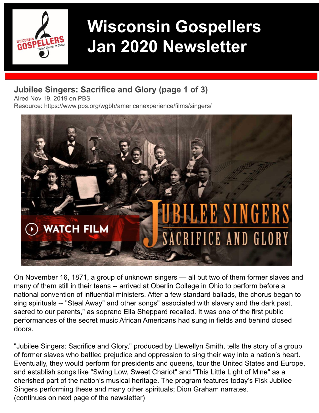 Wisconsin Gospellers Jan 2020 Newsletter