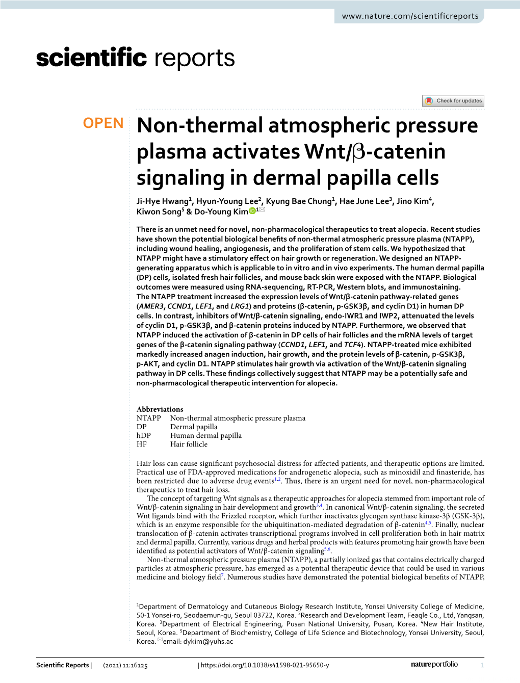 Non-Thermal Atmospheric Pressure Plasma Activates Wnt/Β-Catenin