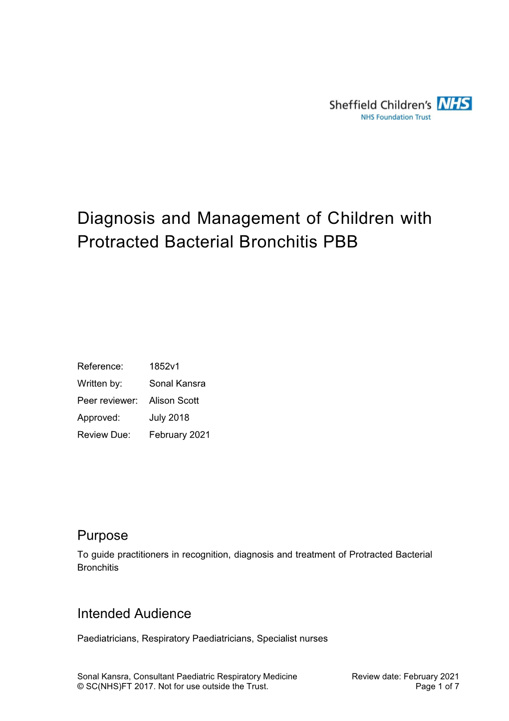 Diagnosis and Management of Children with Protracted Bacterial Bronchitis PBB