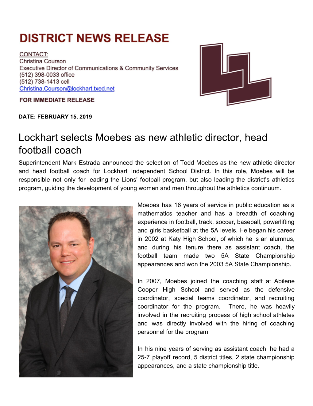 Lockhart Selects Moebes As New Athletic Director, Head Football Coach