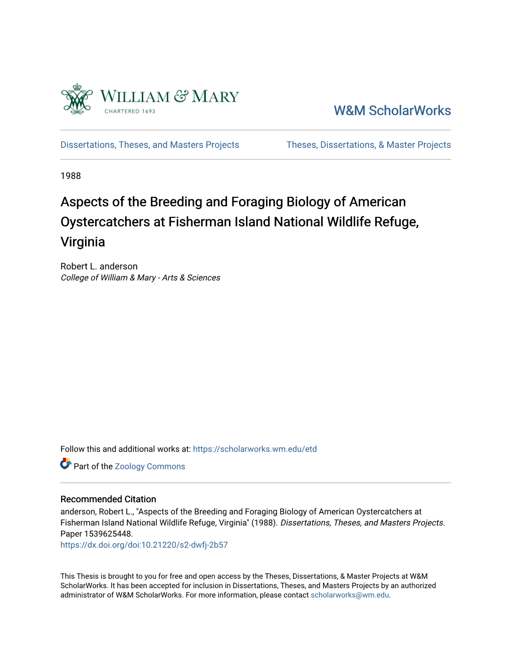 Aspects of the Breeding and Foraging Biology of American Oystercatchers at Fisherman Island National Wildlife Refuge, Virginia