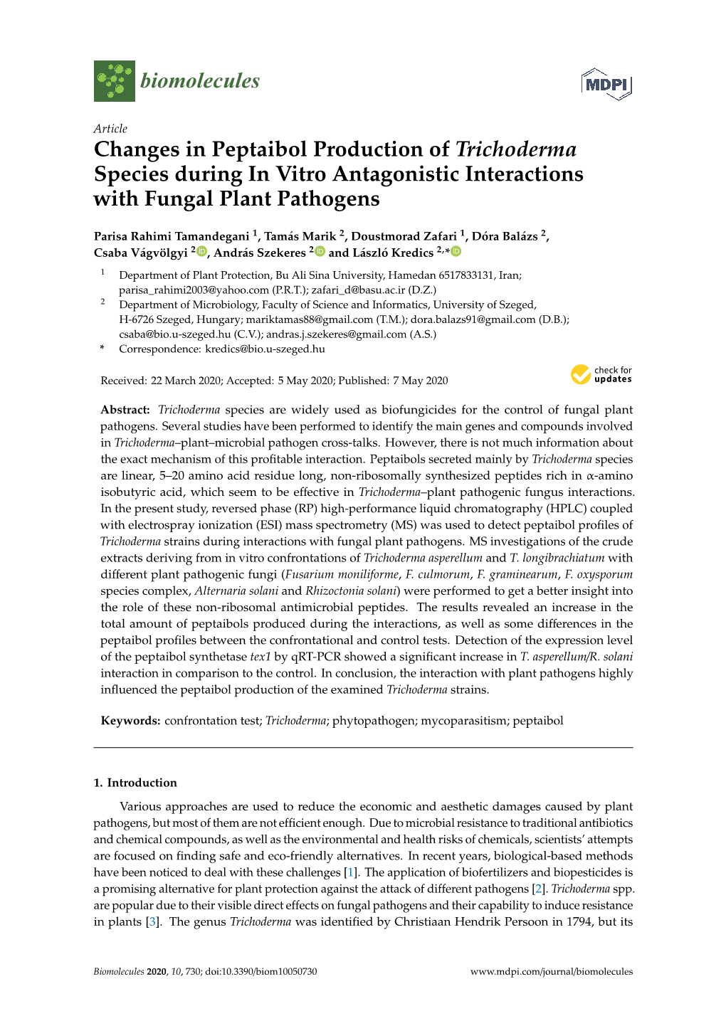 Changes in Peptaibol Production of Trichoderma Species During in Vitro Antagonistic Interactions with Fungal Plant Pathogens