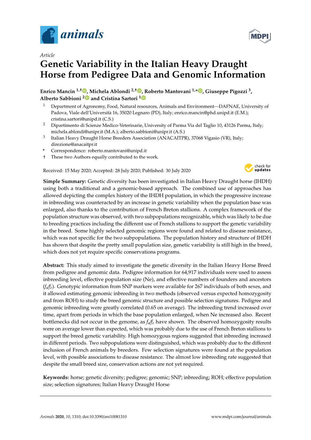 Genetic Variability in the Italian Heavy Draught Horse from Pedigree Data and Genomic Information