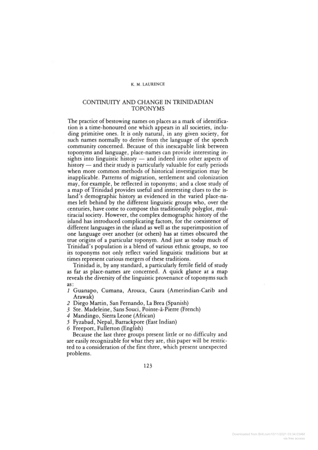 Continuity and Change in Trinidadian Toponyms