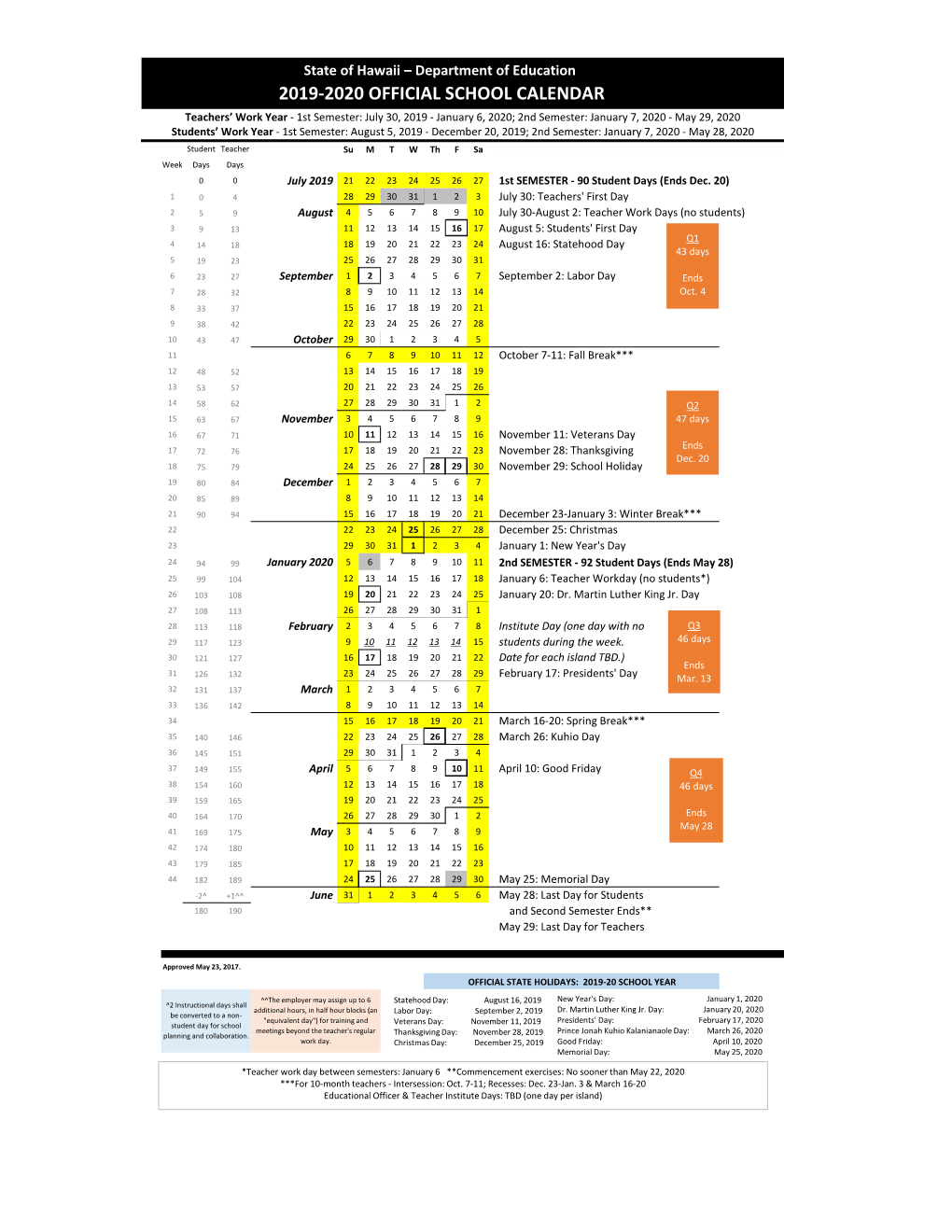 2019-2020 Official School Calendar