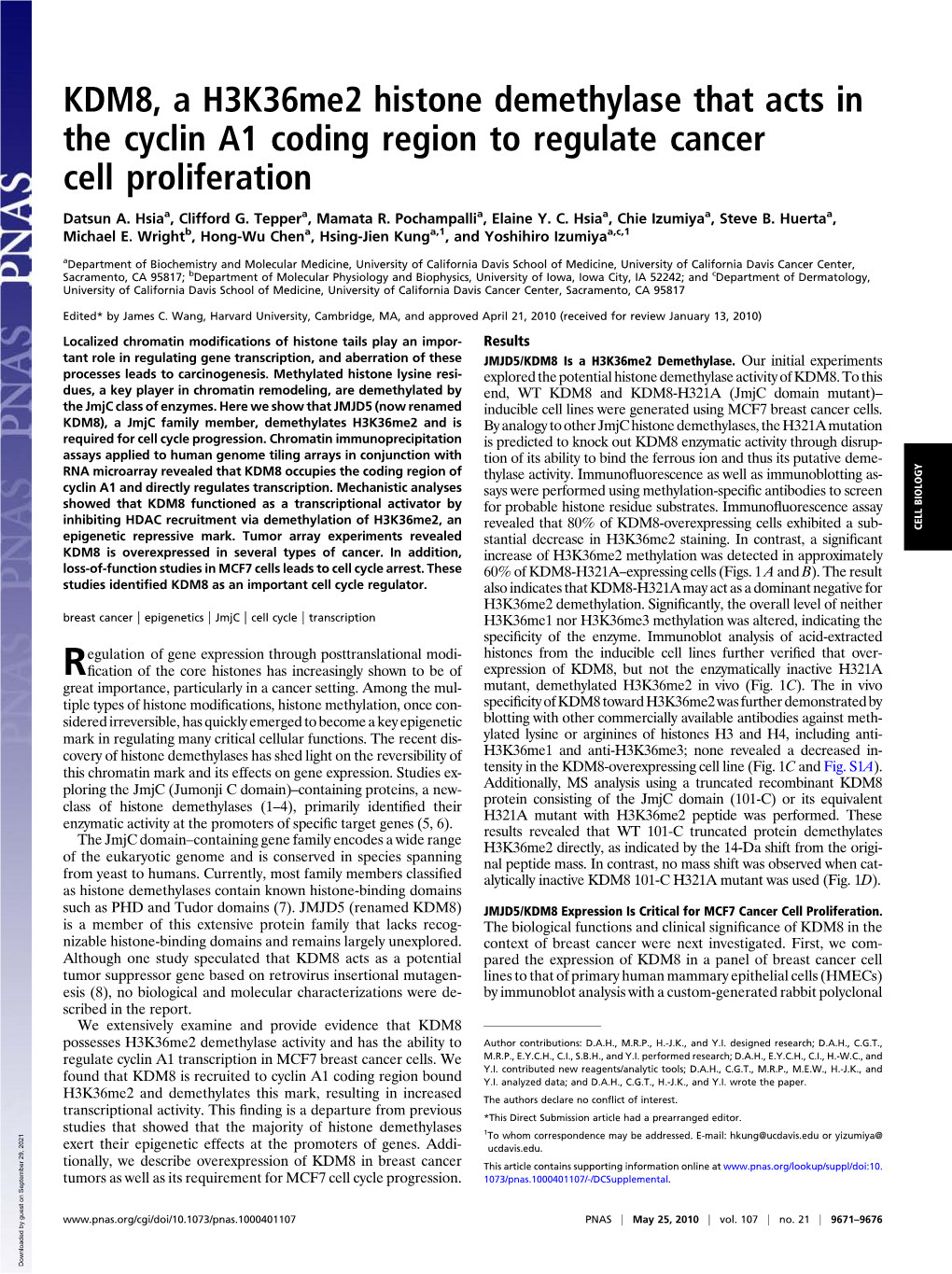 KDM8, a H3k36me2 Histone Demethylase That Acts in the Cyclin A1 Coding Region to Regulate Cancer Cell Proliferation