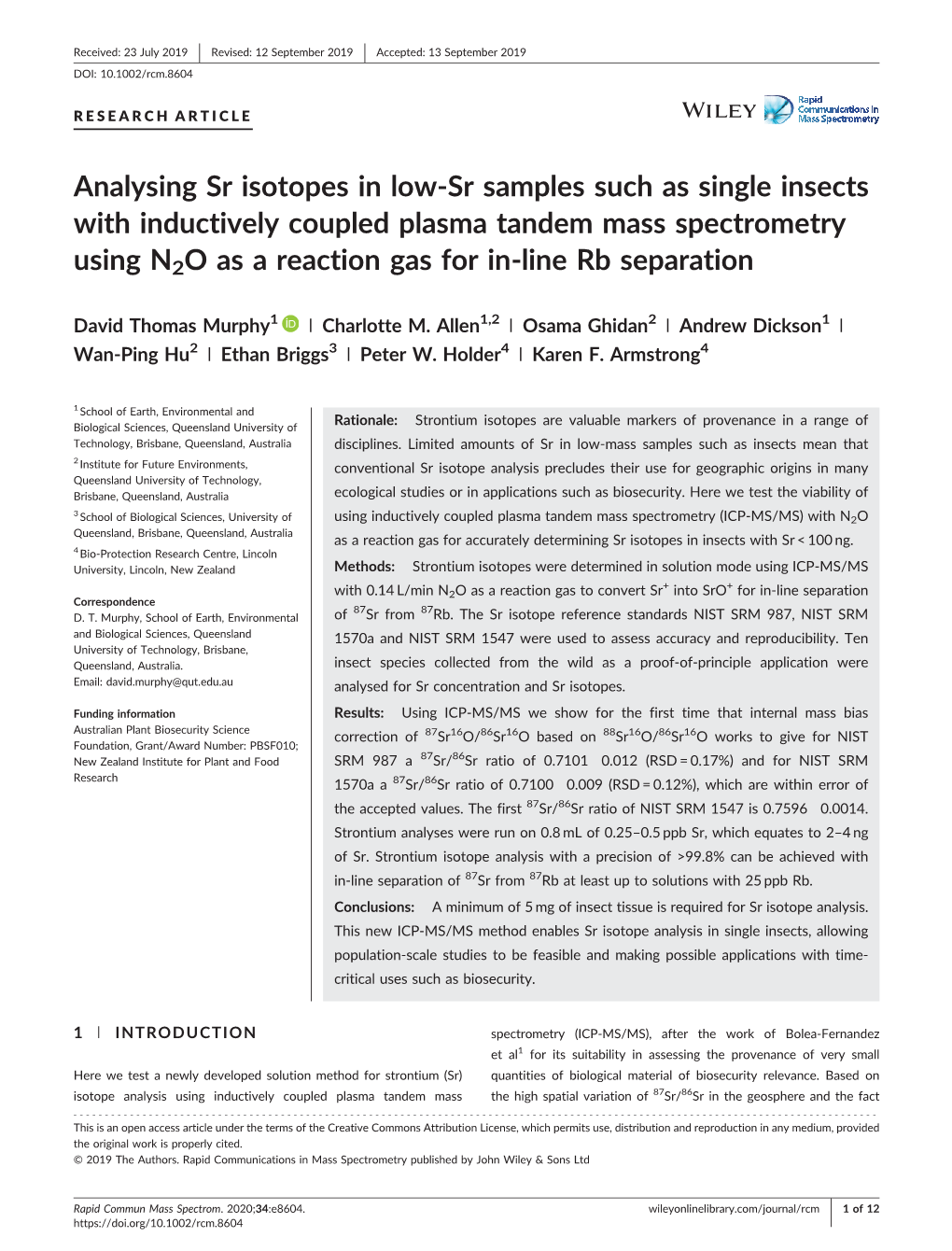 Analysing Sr Isotopes in Low‐Sr Samples Such As Single Insects With