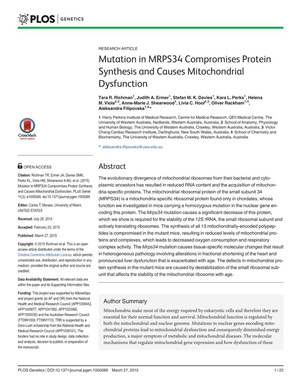 Mutation in MRPS34 Compromises Protein Synthesis and Causes Mitochondrial Dysfunction