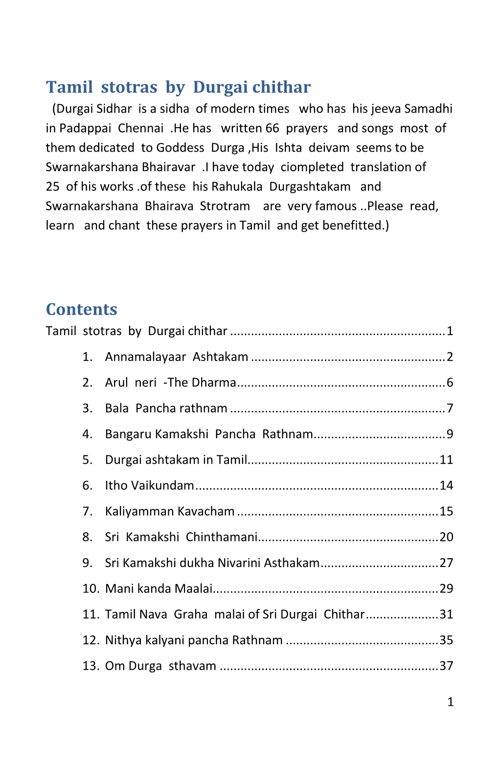 Tamil Stotras by Durgai Chithar Contents