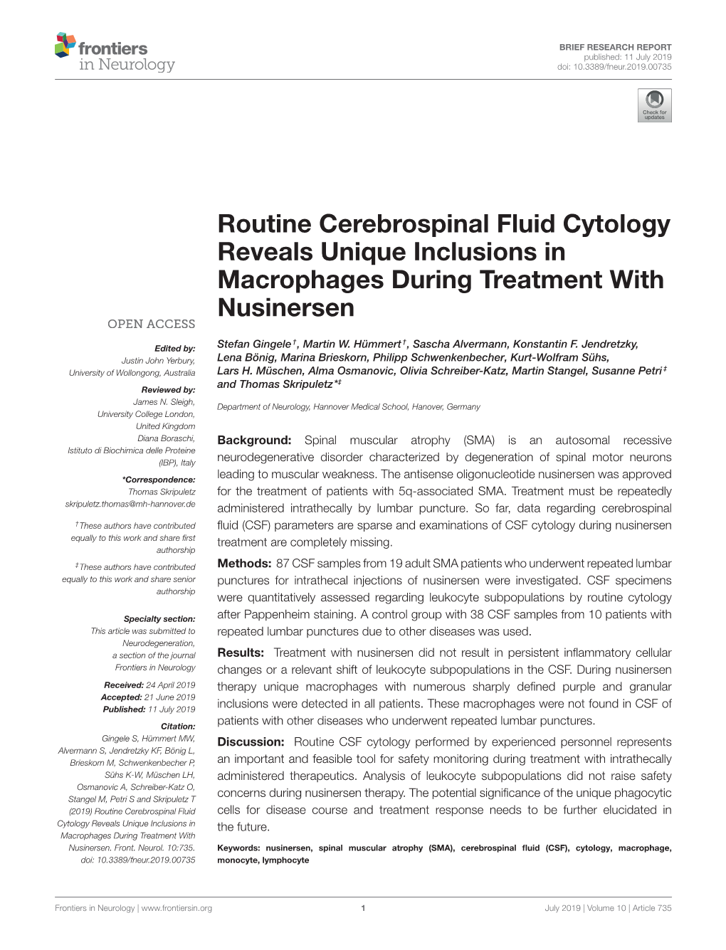 Routine Cerebrospinal Fluid Cytology Reveals Unique Inclusions in Macrophages During Treatment with Nusinersen