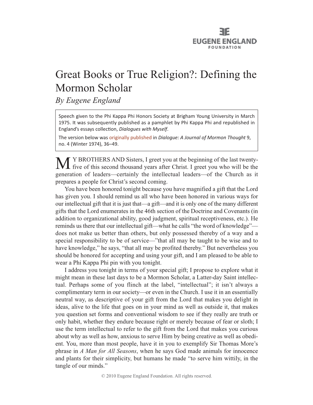 Great Books Or True Religion?: Defining the Mormon Scholar by Eugene England