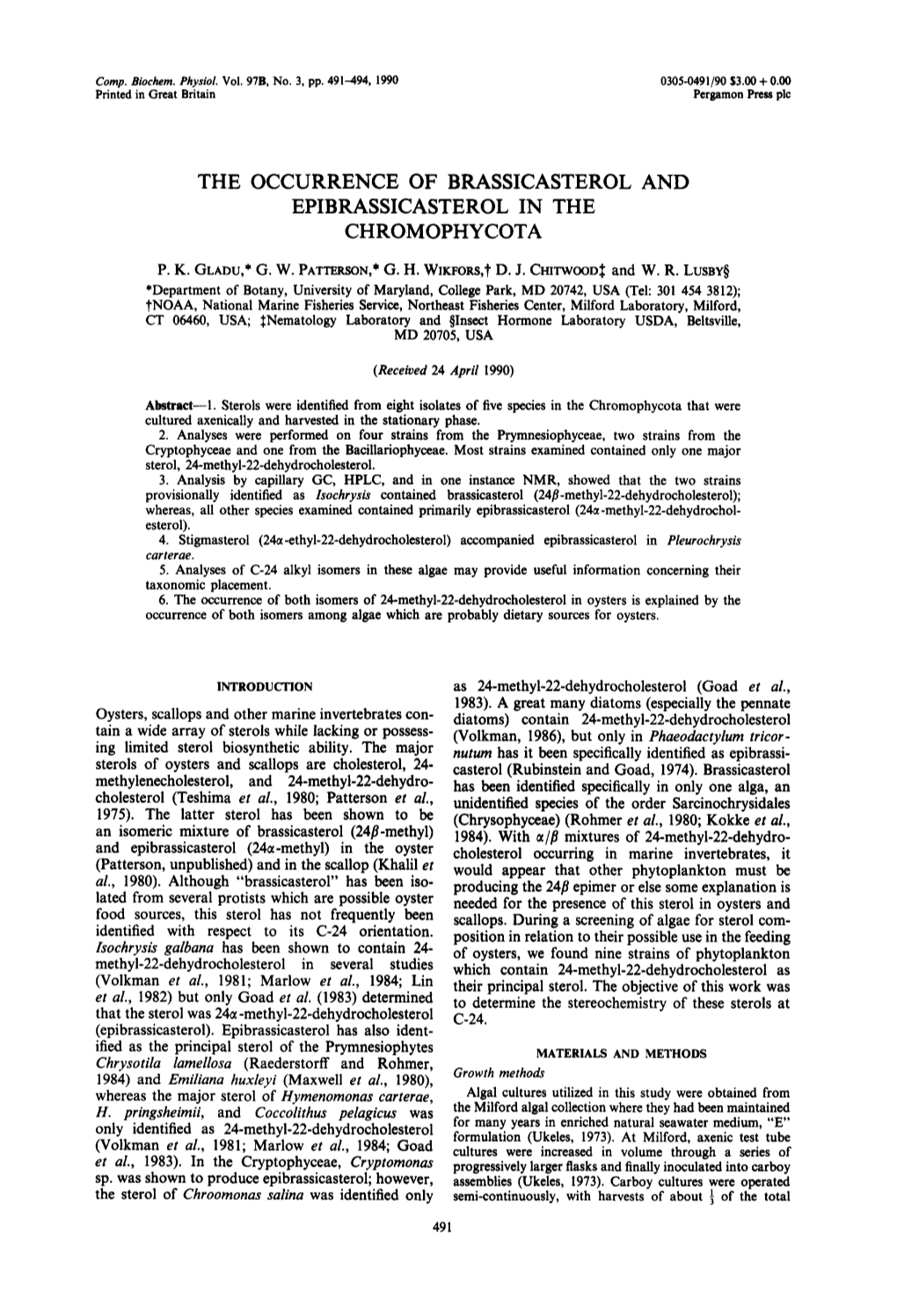 The Occurrence of Brassicasterol and Epibrassicasterol in the Chromophycota