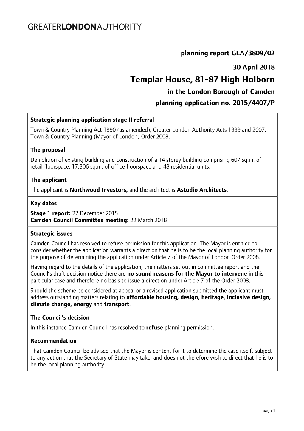 Templar House, 81-87 High Holborn in the London Borough of Camden Planning Application No