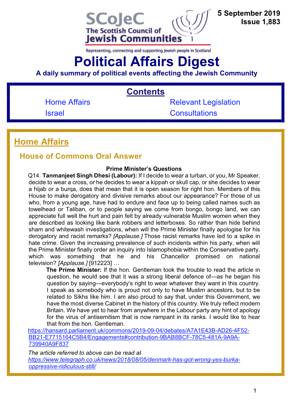 Political Affairs Digest a Daily Summary of Political Events Affecting the Jewish Community