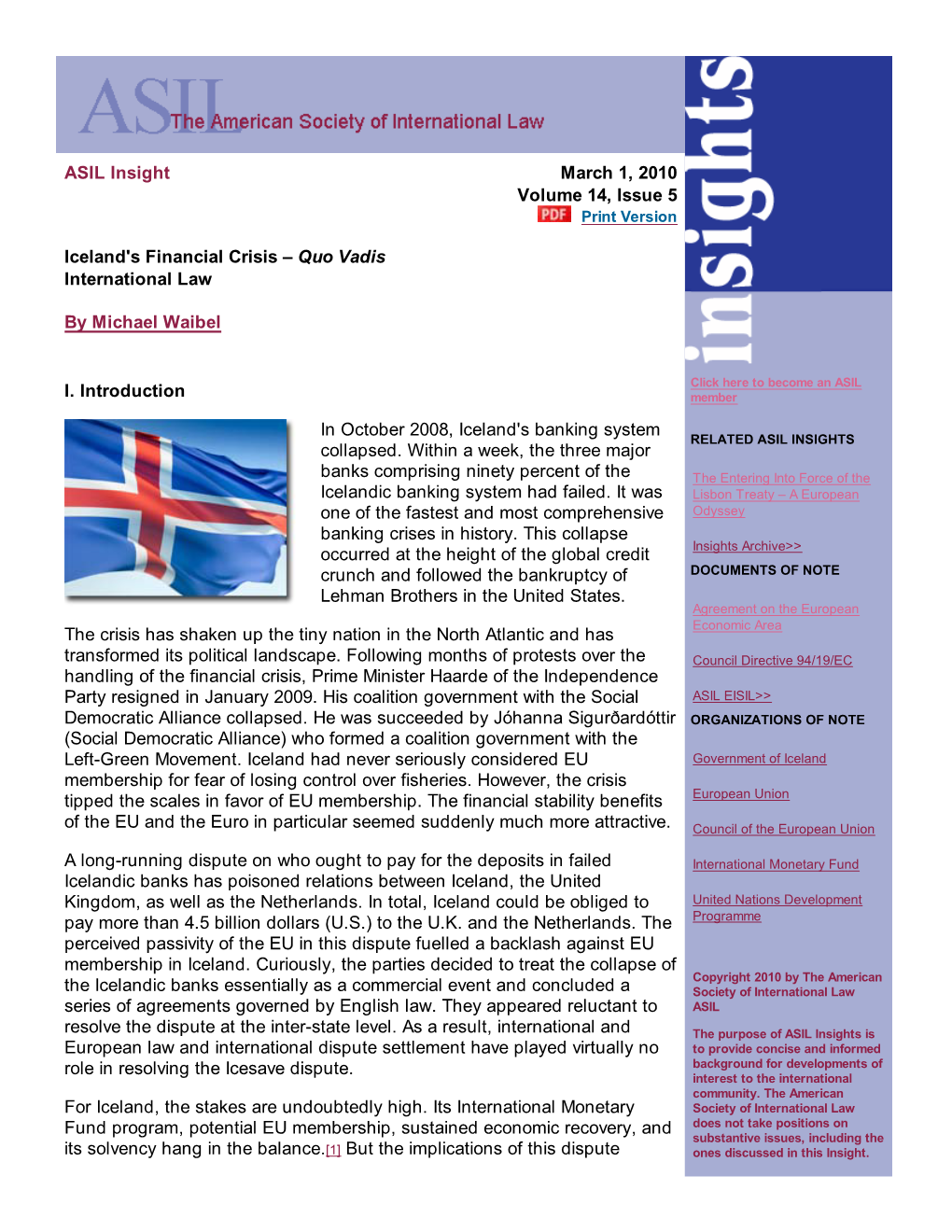 ASIL Insight March 1, 2010 Volume 14, Issue 5 Print Version