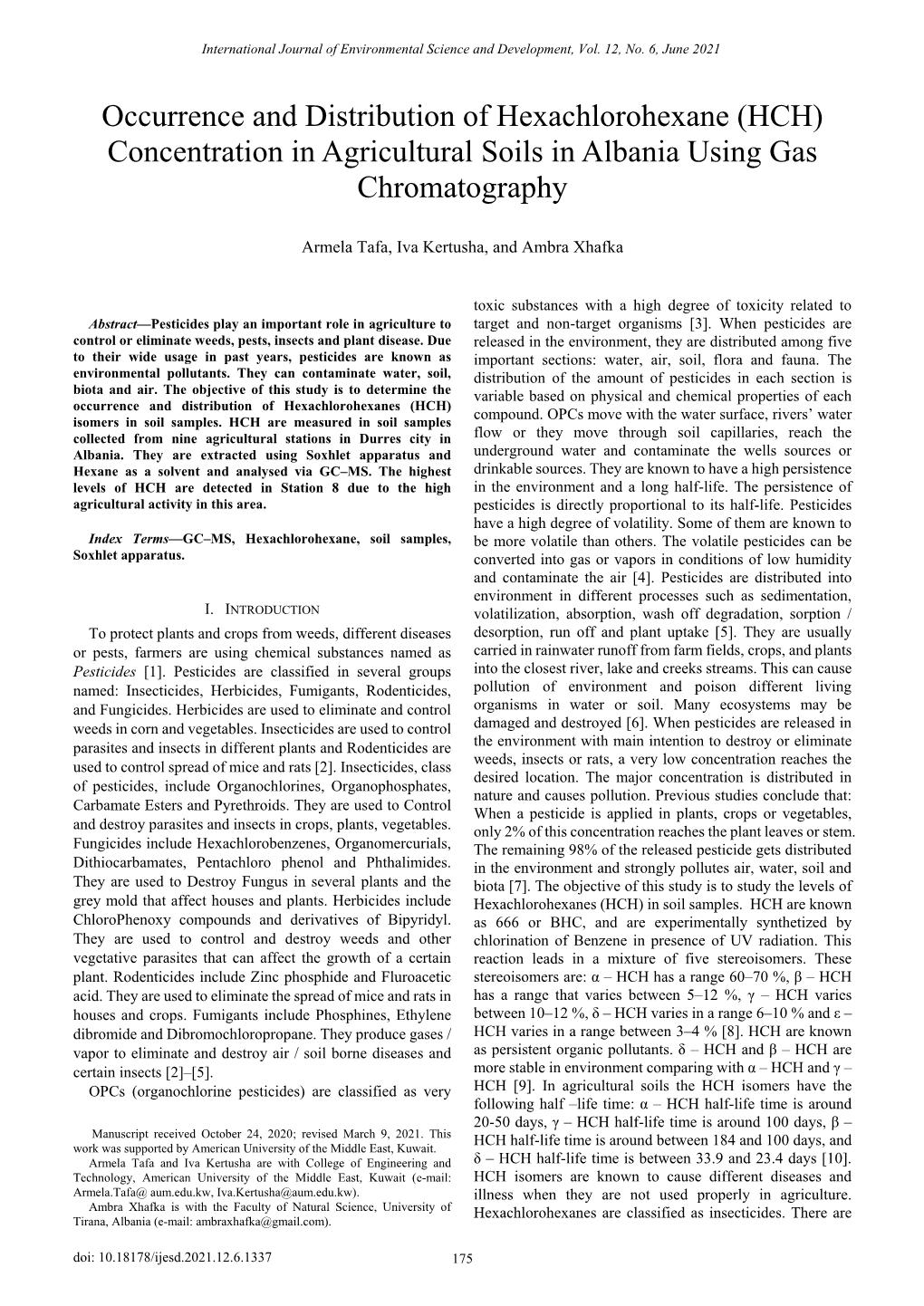 Concentration in Agricultural Soils in Albania Using Gas Chromatography