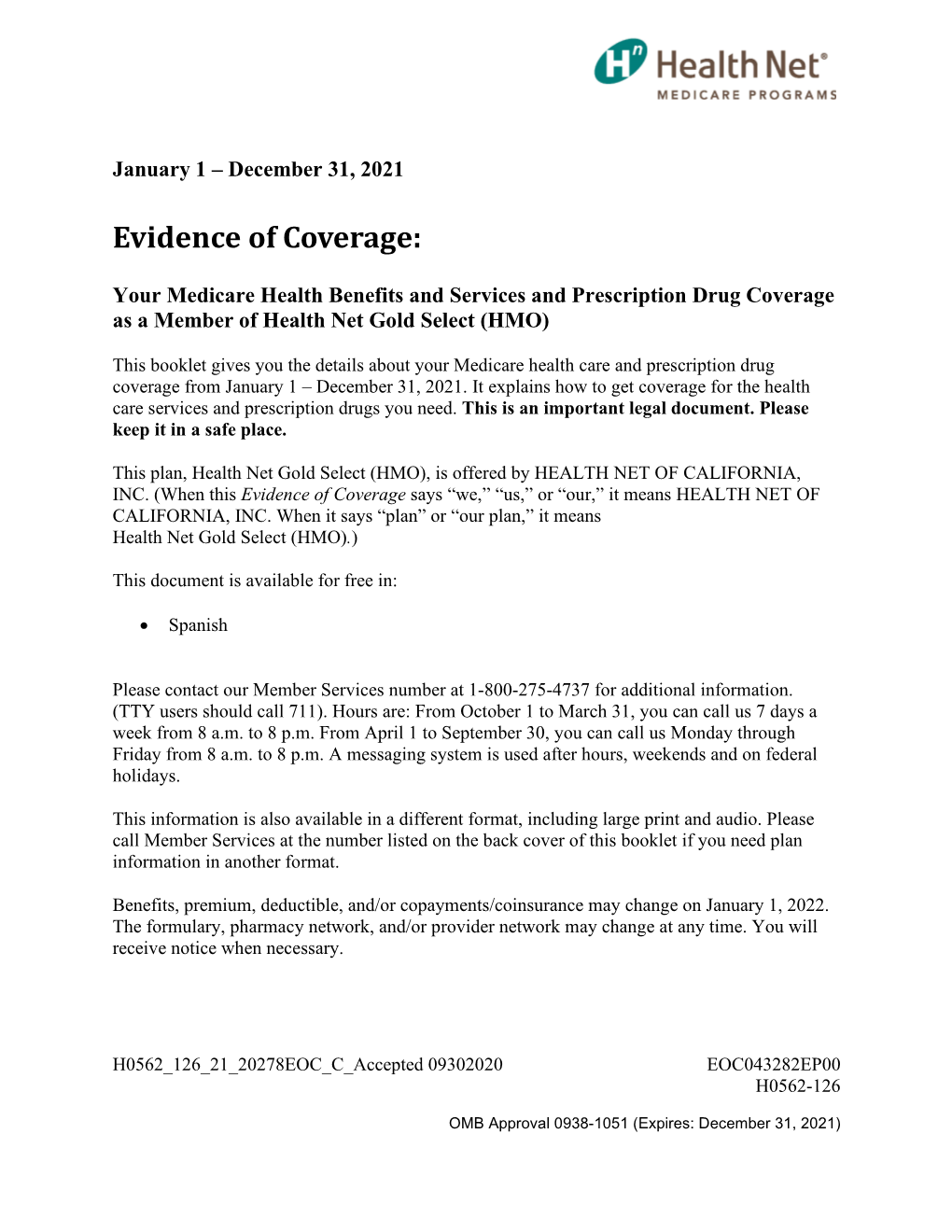 Evidence of Coverage, H0562-126