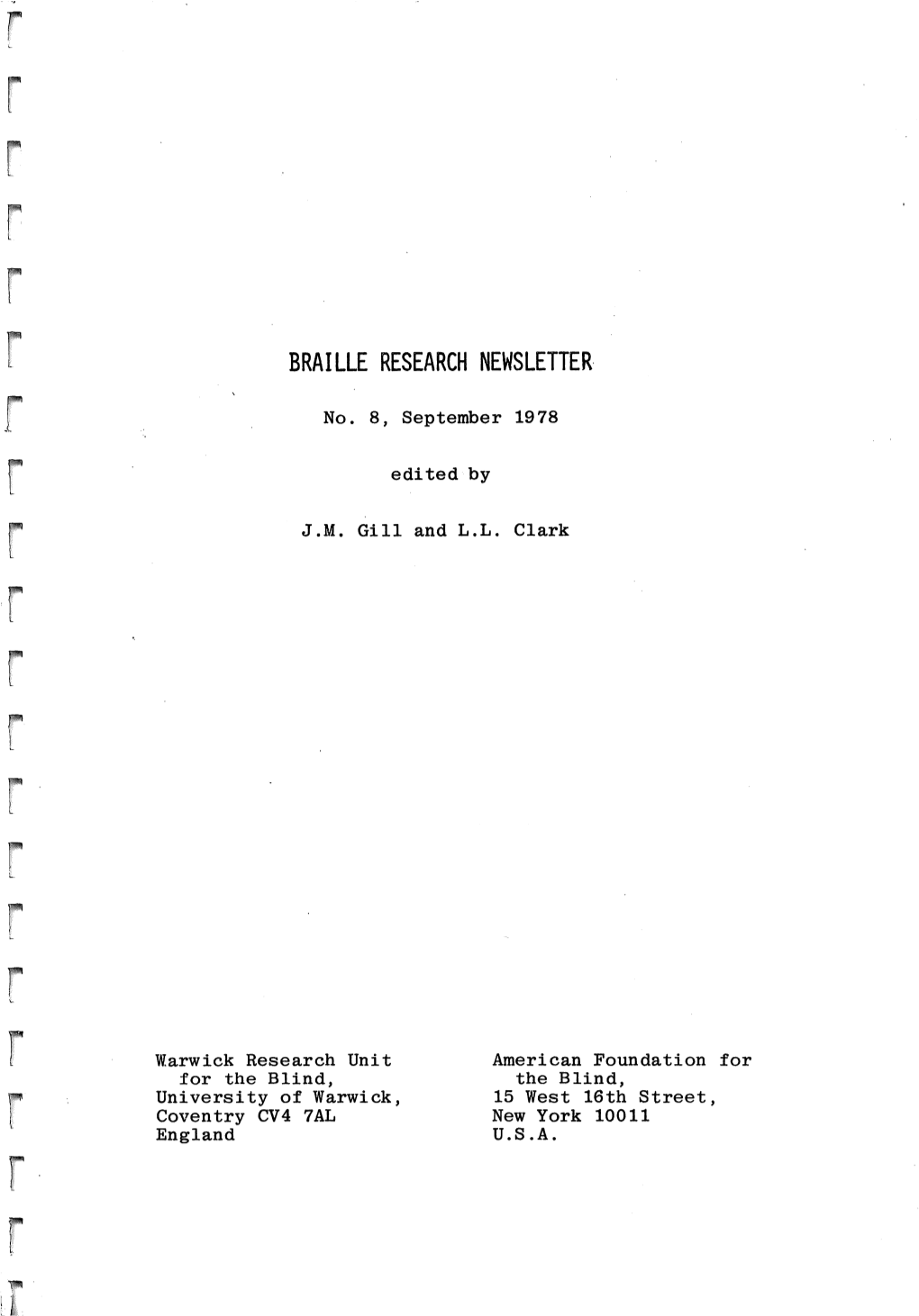 Braille Research Newsletter #8, Sept 1978