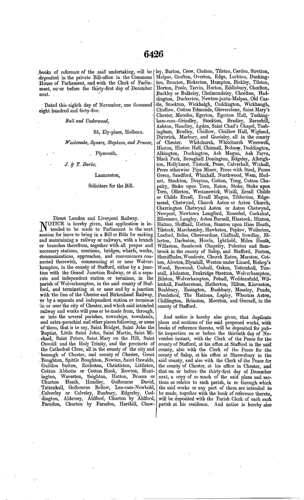 Books of Reference of the .Said Undertaking, Will Be .Deposited in the Private Bill-Office in the .Commons House of Parliament